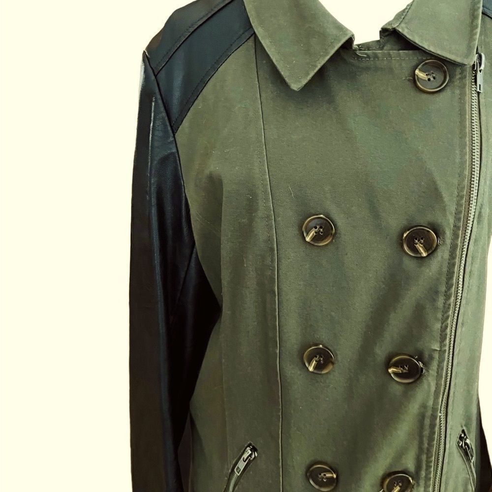 Motto Military Trench Coat with Faux Leather Trim olive green/black size M - Picture 5 of 10